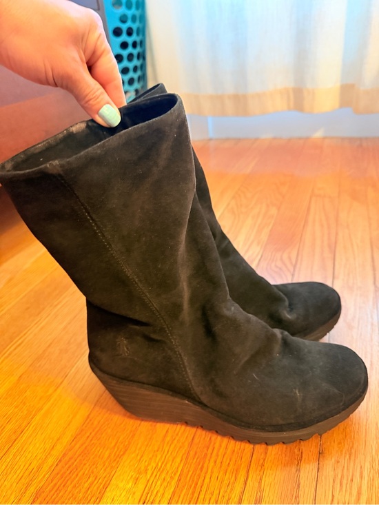 Fly London Shoes - Fly London Black Suede Wedge Mid-Calf Boots